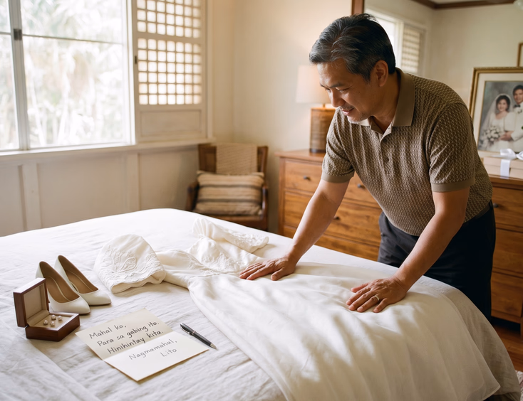 A Filipino husband in his late 40s surprises his wife by laying out a modern Filipiniana gown and a handwritten note in their sunlit bedroom.