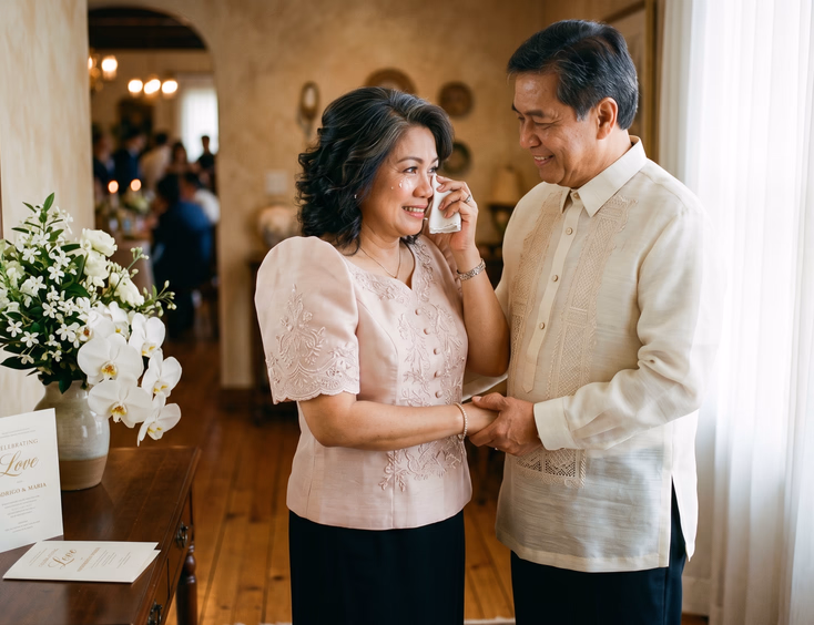 A Filipino couple in their 50s share an emotional and tender embrace in a quiet side room before their wedding or vow renewal ceremony.