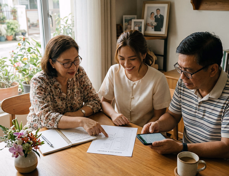 Filipino mother arranging red and gold tinghun gift boxes with jewelry, fruit, and fabric while groom checks list on phone in Filipino home