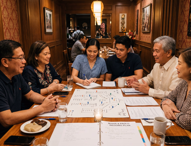 Filipino bride reviewing printed list with parents at dining table with flowers and coffee in naturally lit Filipino home
