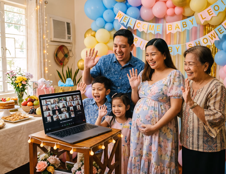 A pregnant Filipino mom and family wave at remote relatives on a laptop during a joyful hybrid baby shower in a pastel-decorated room.