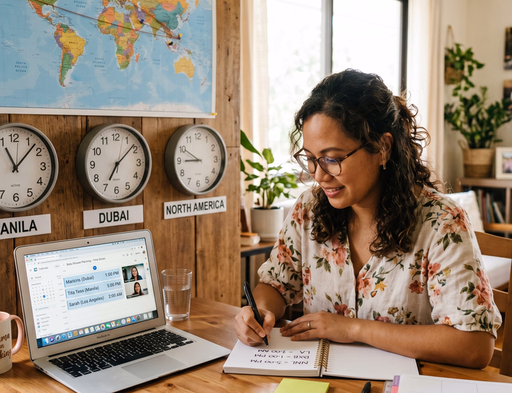 A focused Filipino woman plans a global baby shower at a table with clocks for Manila, Dubai, and North America, alongside a world map.