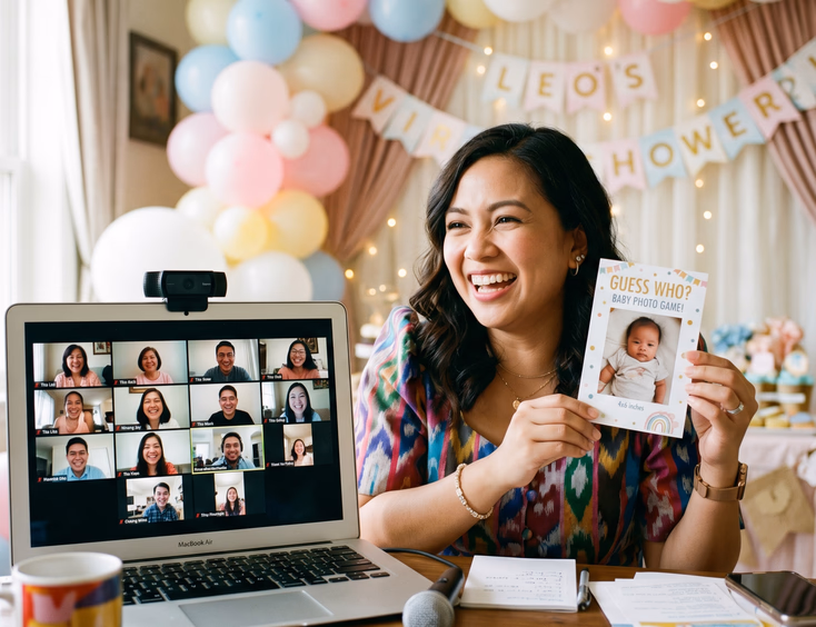A lively Filipino baby shower host speaks to remote guests on a laptop while holding a baby photo card with a pastel backdrop behind her.