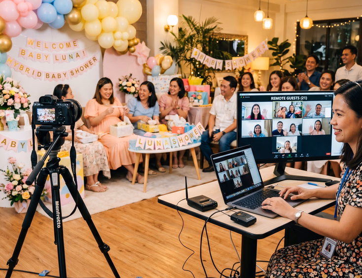 A tech setup for a hybrid Filipino baby shower with a camera on a tripod pointing at a party corner while a person manages the video call.
