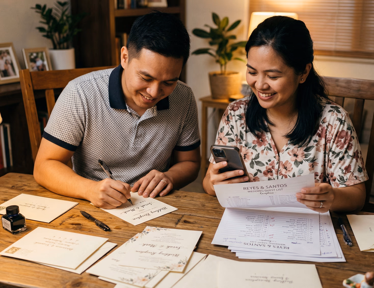 Filipino couple writing wedding reception invitations by hand at a desk, with printed guest lists and envelopes spread across the table under warm home lighting