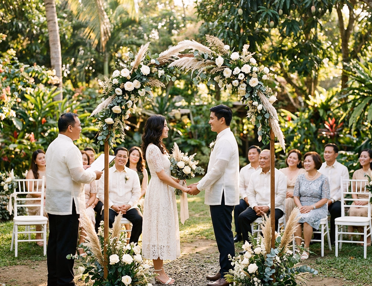 Filipino couple exchanging vows in an intimate outdoor garden civil wedding ceremony in the Philippines with a judge officiant