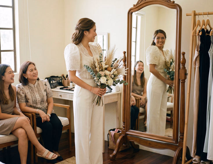 Filipino bride in Filipiniana-inspired civil wedding outfit trying on look in dressing room with family in the Philippines