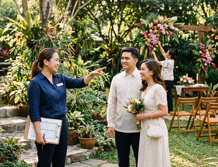Filipino wedding coordinator discussing civil wedding ceremony setup with couple at a garden venue in the Philippines