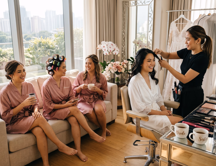 Filipino bride getting her hair styled by her HMUA in a bright bridal suite while three bridesmaids in matching robes wait nearby with one in rollers and makeup tools on the table