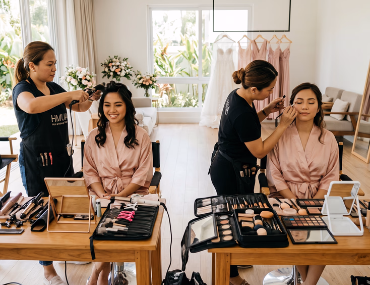 Two Filipino HMUAs working side by side in a bridal prep room styling hair and applying makeup on two bridesmaids in matching blush pink robes at dual vanity stations