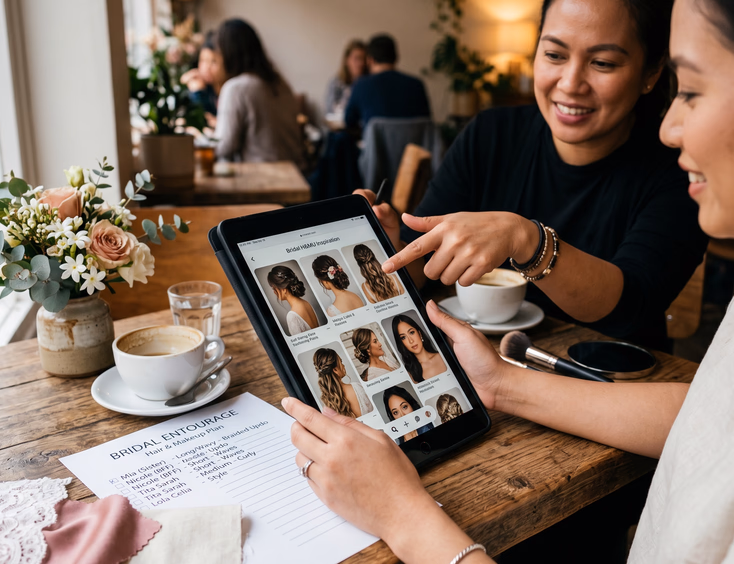 Close-up of Filipino bride-to-be holding a tablet with a bridal Pinterest mood board while her HMUA points at a reference photo with a printed entourage checklist on the table