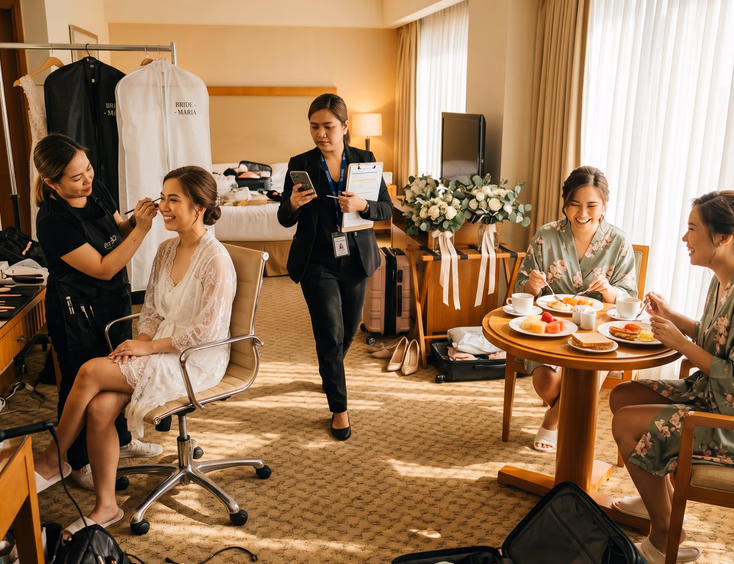 Wide shot of a bright hotel bridal suite during morning prep with a Filipino bride getting makeup done while bridesmaids eat breakfast and a coordinator checks her phone in the background