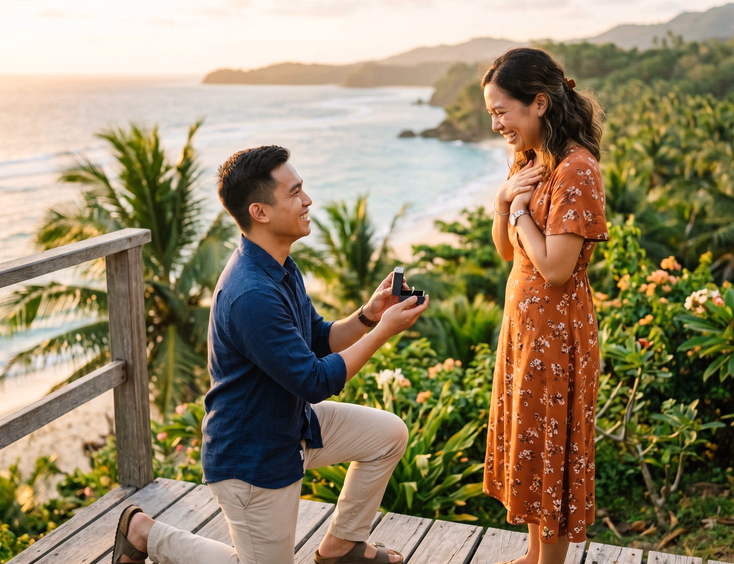 A young Filipino man kneels to propose with a ring to his surprised partner on a tropical coastline during a beautiful golden hour sunset.