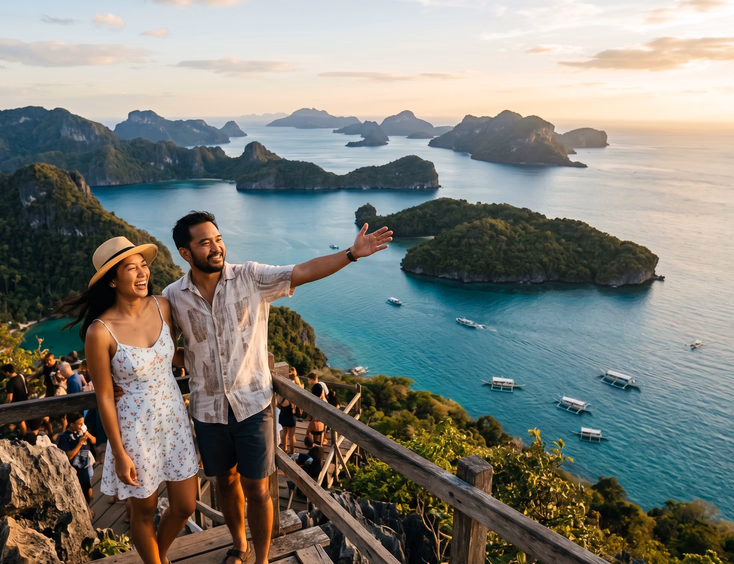 A Filipino couple in summer clothing admires the stunning view of turquoise waters and limestone islands from a scenic cliffside viewpoint.