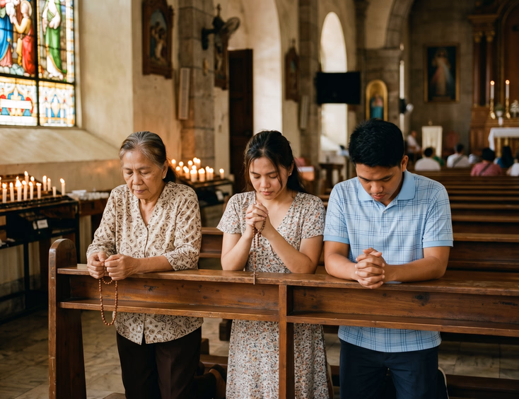 A young Filipino couple and an elderly woman pray together inside a beautifully lit Catholic church with wooden pews and stained glass.