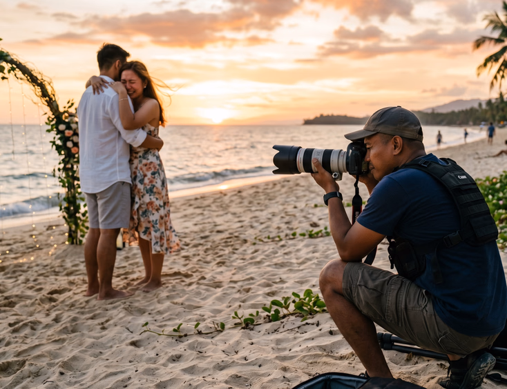 A professional photographer uses a telephoto lens to capture a candid moment of a Filipino man proposing to his girlfriend on the beach.
