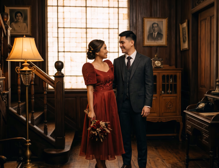 Filipino couple in cinematic film-inspired prenup wardrobe inside a vintage heritage interior.