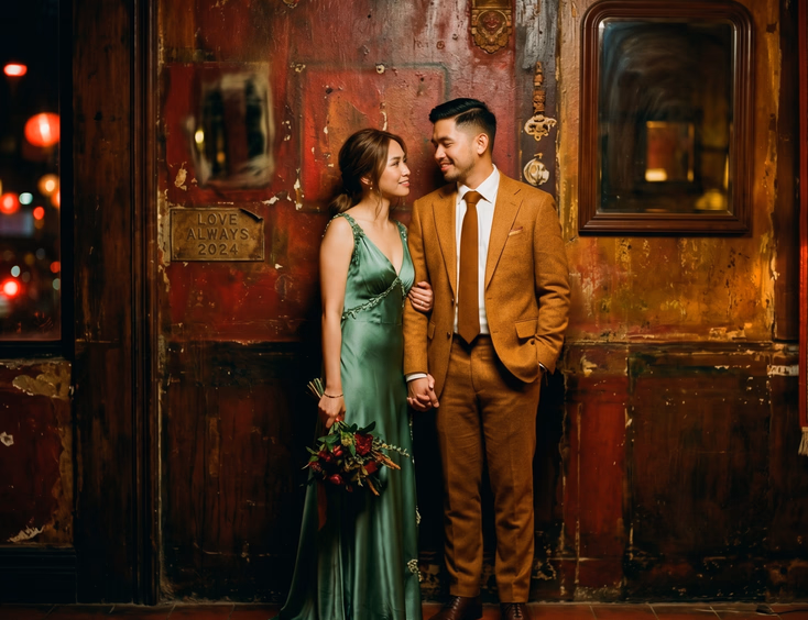Filipino couple in cinematic prenup setting with jade green and amber outfits, Wong Kar-wai inspired.
