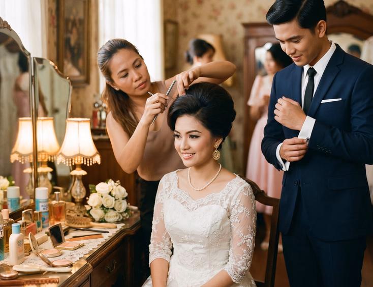 Behind-the-scenes 1960s style prenup preparation with Filipina bride getting hair styled and groom nearby.