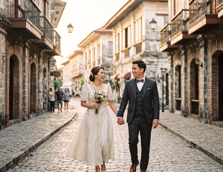 Filipino couple in vintage prenup wardrobe walking through a Spanish colonial heritage street in the Philippines.