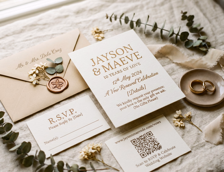 Filipino vow renewal invitation suite with no-gifts request, calligraphed cards, rings, and florals.