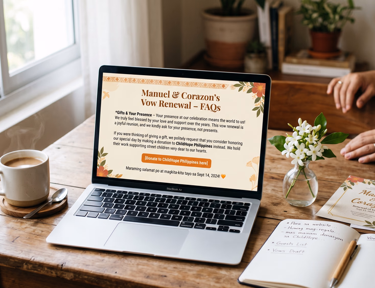 Laptop showing a Filipino vow renewal wedding website FAQ page with a no-gifts request and charity link.