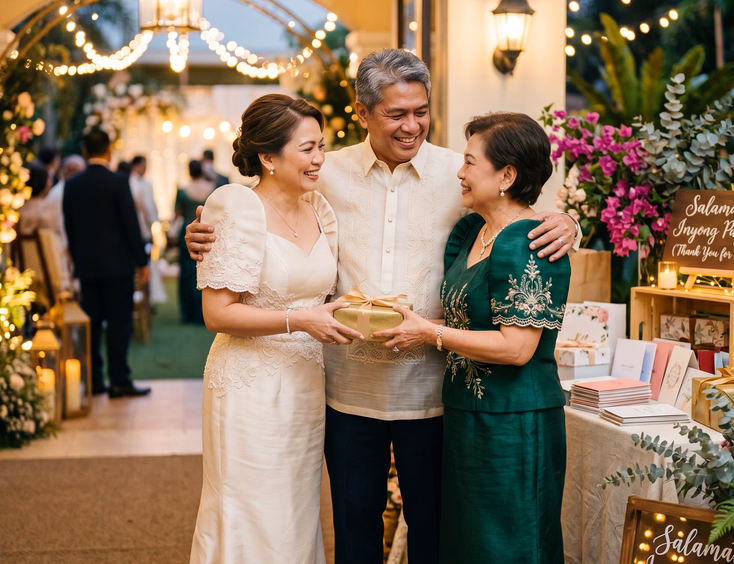 Mature Filipino couple in Filipiniana accepting a gift from an aunt at their vow renewal reception.