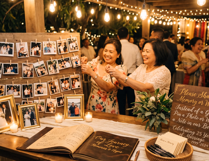 Filipino vow renewal memory and photo station with a guest book, pinboard, and "memories instead of gifts" sign.