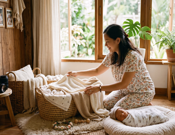 A Filipino mother prepares a cozy, sunlit home corner with soft blankets and a basket for a newborn photo shoot near a large window.
