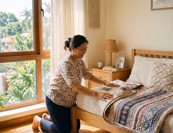 A Filipino mom arranges a soft blanket in a tidy, bright bedroom corner by a window, creating a calm space for newborn pictures.