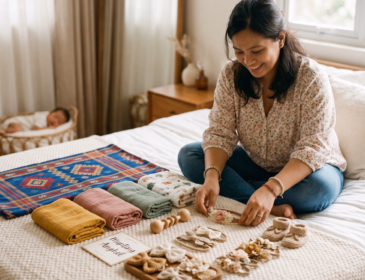A Filipino mother organizes colorful wraps, headbands, and a heritage cloth on a bed, getting ready for a newborn photoshoot.