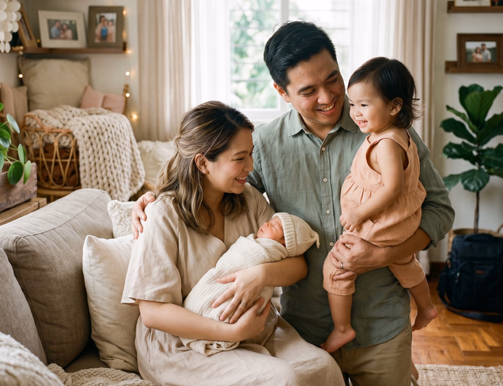 A Filipino family wearing coordinated soft outfits gets ready at home for a warm and united newborn photoshoot together.