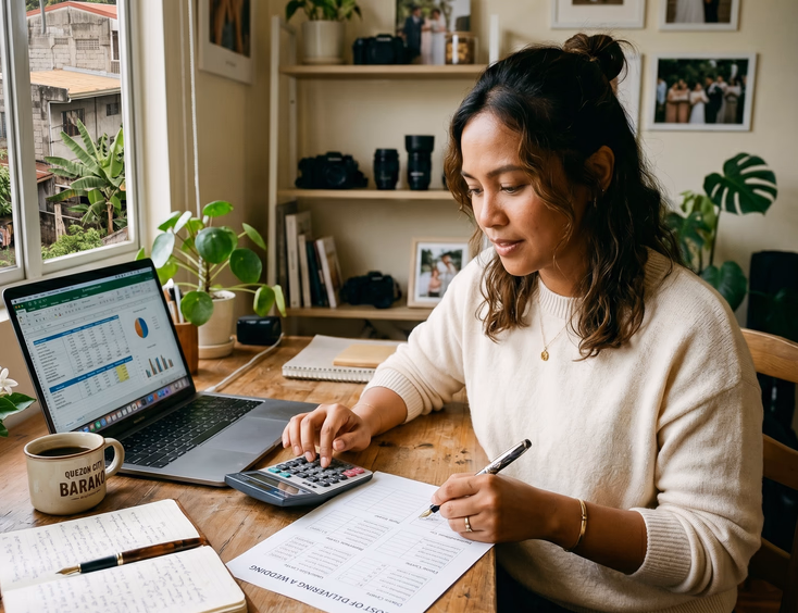 Filipino wedding photographer in her Quezon City studio calculating wedding costs on a worksheet.