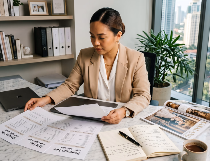 Filipino wedding coordinator in her Makati office researching wedding market pricing tiers.