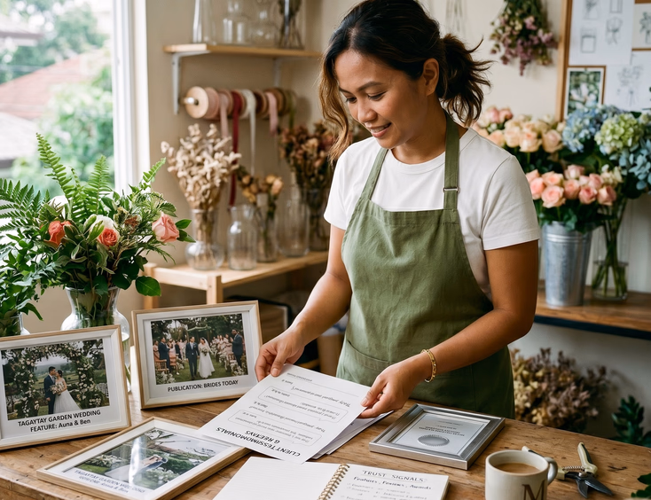 Filipino wedding florist in her Pasig studio organizing features and testimonials for a pricing presentation.