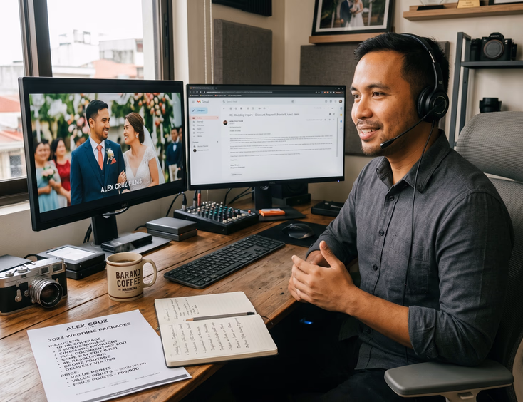 Filipino wedding videographer in his Marikina studio responding to a client discount request on his laptop.