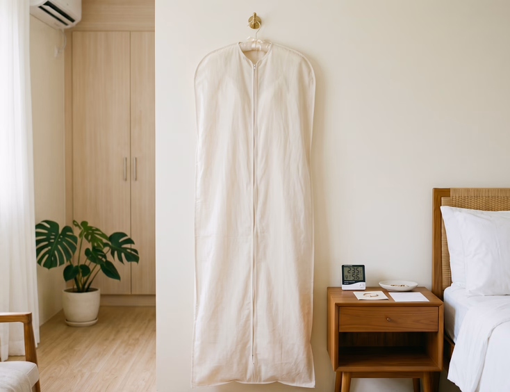 White wedding gown hanging inside a breathable cotton garment bag on a padded hanger in a clean air-conditioned Filipino bedroom with a small digital hygrometer on a wooden nightstand and soft ambient lighting