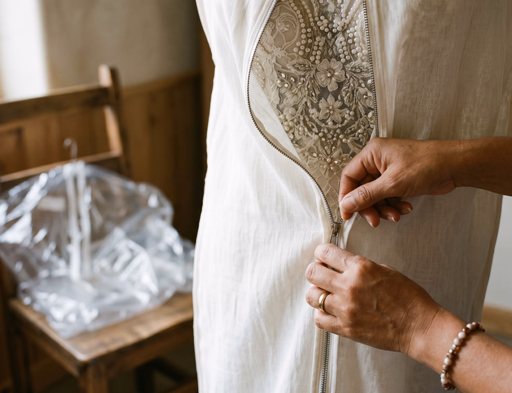 Close-up of Filipino hands zipping a white muslin garment bag over a beaded wedding gown with a discarded clear plastic garment bag folded on a wooden chair in the background and soft natural light from a nearby window