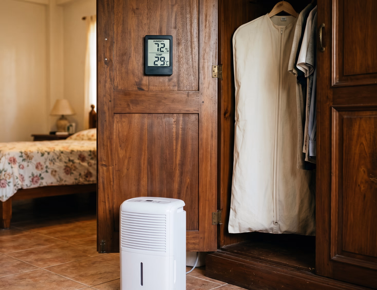 Portable electric dehumidifier on a tiled floor beside a wooden closet with a cotton garment bag hanging inside and a digital hygrometer mounted on the open closet door in a warmly lit Filipino bedroom