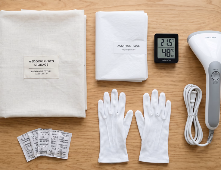 Flat lay of wedding gown storage essentials on a clean wooden table including a folded cotton garment bag, silica gel packets, acid-free tissue paper, a digital hygrometer, a handheld garment steamer, and white cotton gloves under soft overhead lighting