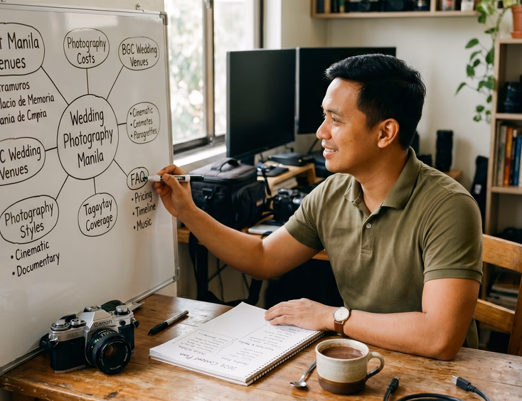 Filipino wedding videographer planning a content cluster of supporting blog topics on a whiteboard in his Marikina studio.