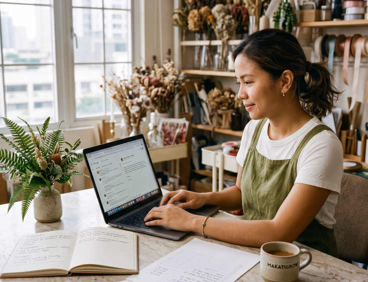 Filipino wedding florist drafting a client review request on her laptop in a Makati studio.