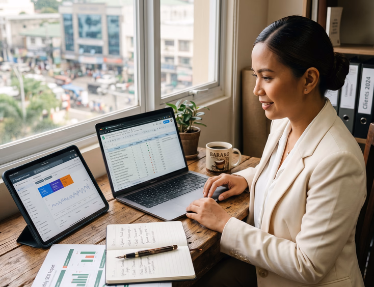 Filipino wedding coordinator tracking keyword rankings in a spreadsheet on her laptop in a Davao City office.