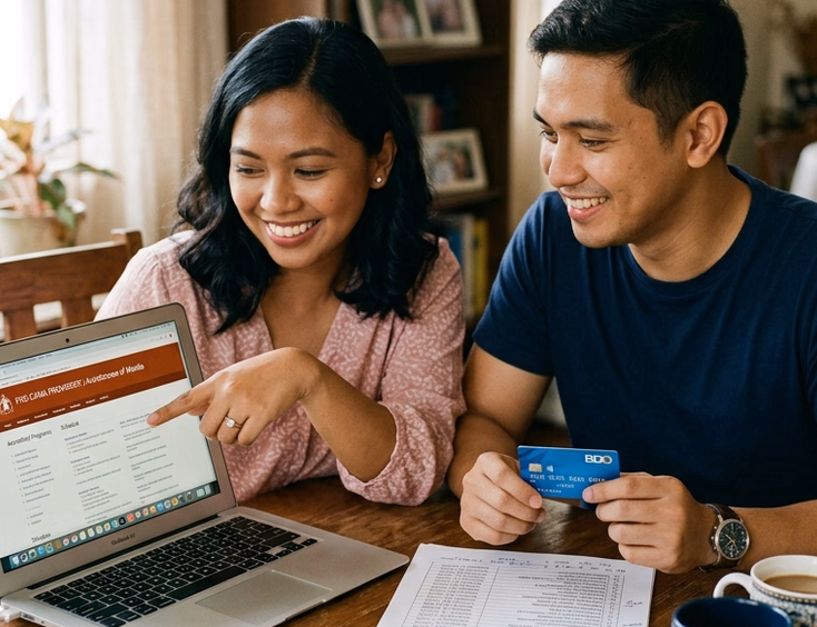 Filipino engaged couple researching Pre-Cana providers on a laptop at home while reviewing an accredited parish provider list.