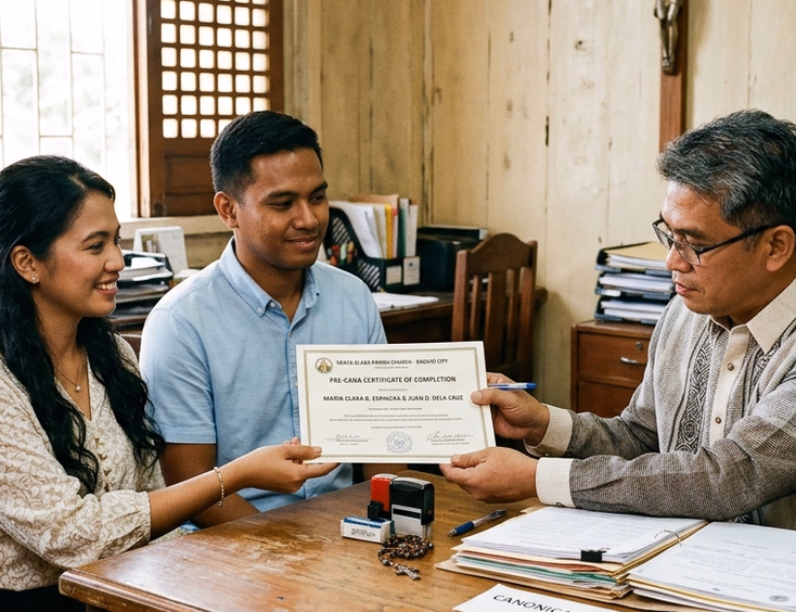 Filipino engaged couple submitting their Pre-Cana certificate to a parish coordinator at a wooden desk inside a Philippine parish office.