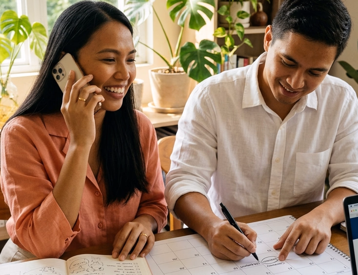 Filipina bride-to-be calling a parish while her fiancé marks seminar dates on a calendar at their home office.