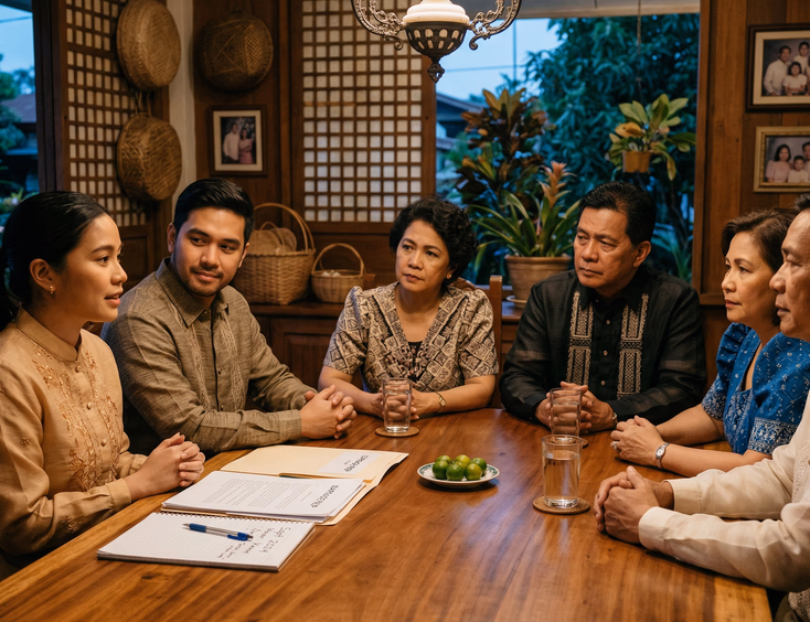 Filipino couple in their late 20s seated across a dining table from two sets of parents in a warmly lit traditional Filipino home, speaking calmly with documents and a notepad on the table
