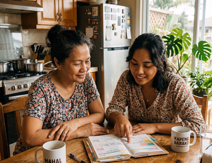 Filipino woman in her late 20s and her mother leaning over an open planner at a bright kitchen table, daughter pointing to a date while mother listens with a calm attentive expression