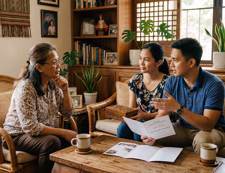 Filipino couple in their late 20s presenting a small decorative box and printed program to an older Filipino woman in a traditional home sala, older woman leaning forward with a thoughtful expression