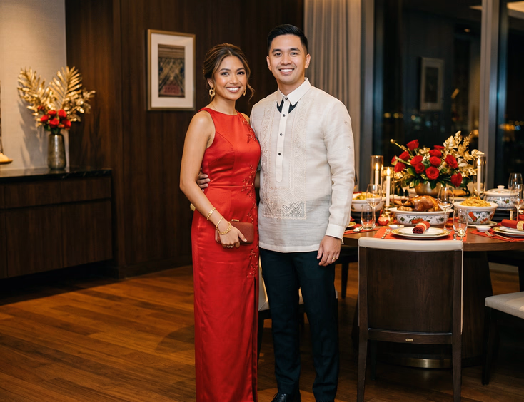 Filipino couple in their late 20s standing in a modern private dining venue with traditional Filipino accents, woman in contemporary red formal gown and man in slim-fit barong tagalog with a ceremonial table set in red and gold behind them